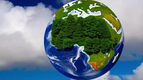 A detailed Earth planet with trees , surrounded by clouds. Sustainable scien Video stock 288860628