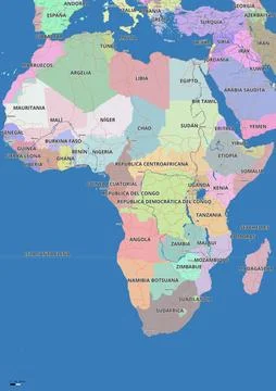 Detailed editable vector map of Africa on Spanish language Stock Illustration