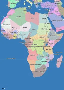 Detailed editable vector map of Africa on French language Stock Illustration