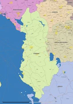 Detailed editable vector map of Albania on English language Stock Illustration