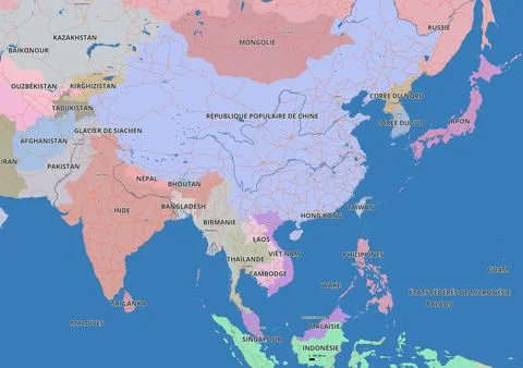 Detailed editable vector map of Asia on French language Stock Illustration