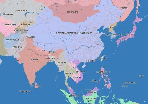 Detailed editable vector map of Asia on Russian language Stock-Illustration