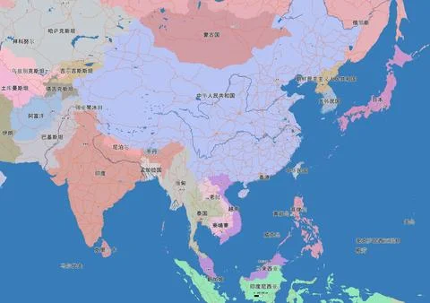 Detailed editable vector map of Asia on Chinese language Stock Illustration