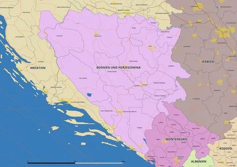Detailed editable vector map of Bosnia And Herzegovina on German language Stock Illustration