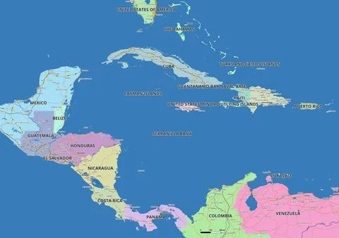 Detailed editable vector map of Central America on English language Stock Illustration