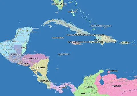Detailed editable vector map of Central America on Spanish language Stock Illustration