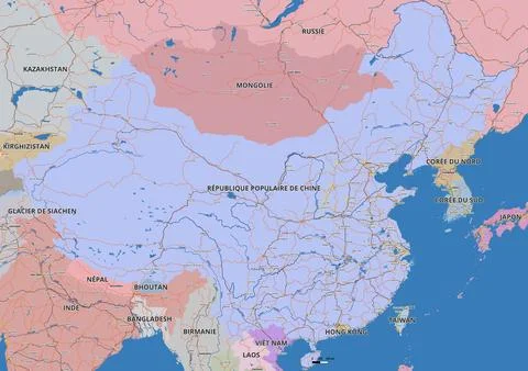 Detailed editable vector map of China on French language Stock Illustration