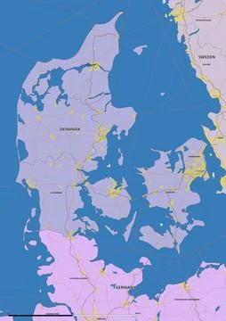 Detailed editable vector map of Denmark on English language Stock Illustration