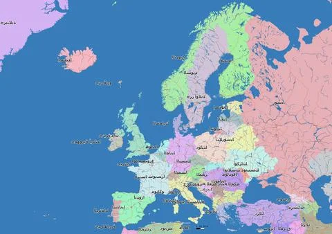 Detailed editable vector map of Europa on Arab language Stock Illustration