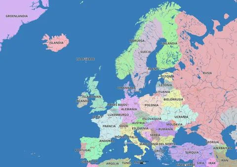 Detailed editable vector map of Europa on Spanish language Stock Illustration