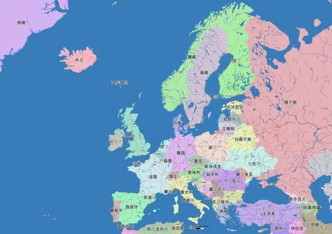 Detailed editable vector map of Europa on Chinese language Stock Illustration