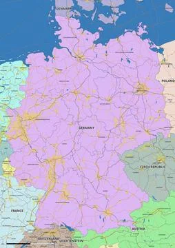 Detailed editable vector map of Germany on English language Stock Illustration