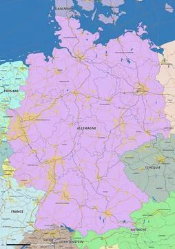 Detailed editable vector map of Germany on French language Stock Illustration