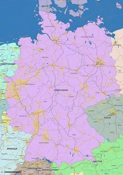 Detailed editable vector map of Germany on Ukrainian language Stock Illustration
