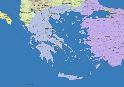 Detailed editable vector map of Greece on Turkish language Stock Illustration