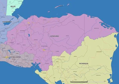 Detailed editable vector map of Honduras on English language Stock Illustration