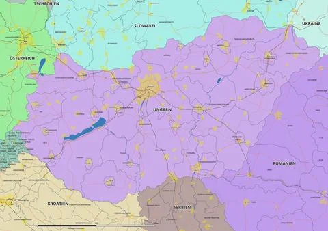 Detailed editable vector map of Hungary on German language Stock Illustration