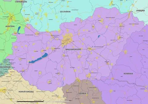 Detailed editable vector map of Hungary on Hungarian language Stock Illustration
