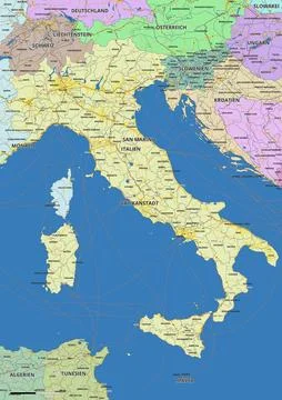 Detailed editable vector map of Italy on German language Stock Illustration