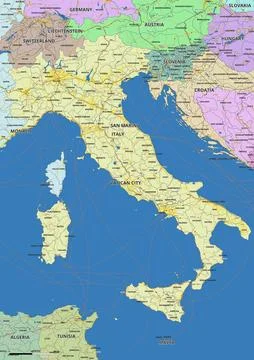 Detailed editable vector map of Italy on English language Stock-Illustration