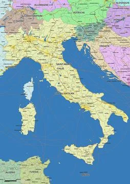 Detailed editable vector map of Italy on English language Stock Illustration