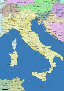 Detailed editable vector map of Italy on French language Stock Illustration