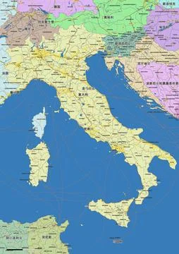 Detailed editable vector map of Italy on Chinese language Stock Illustration
