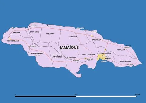 Detailed editable vector map of Jamaica on French language Stock Illustration