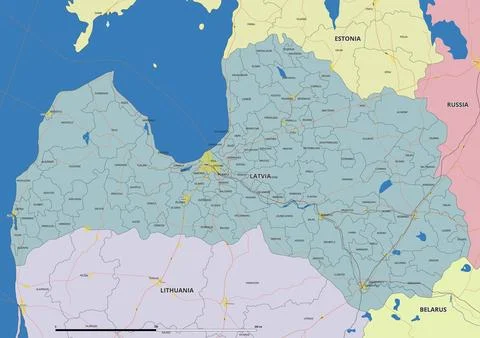 Detailed editable vector map of Latvia on English language Stock Illustration