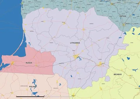 Detailed editable vector map of Lithuania on English language Stock Illustration