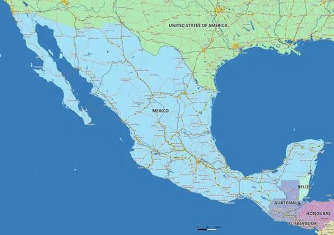 Detailed editable vector map of Mexico on English language Stock Illustration