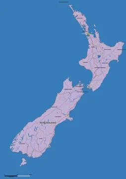 Detailed editable vector map of New Zealand on English language Stock Illustration