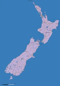 Detailed editable vector map of New Zealand on Chinese language Stock Illustration