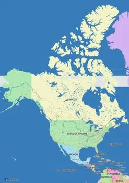 Detailed editable vector map of North America on Spanish language Stock Illustration