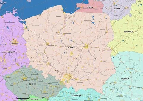 Detailed editable vector map of Poland on Polish language Stock Illustration