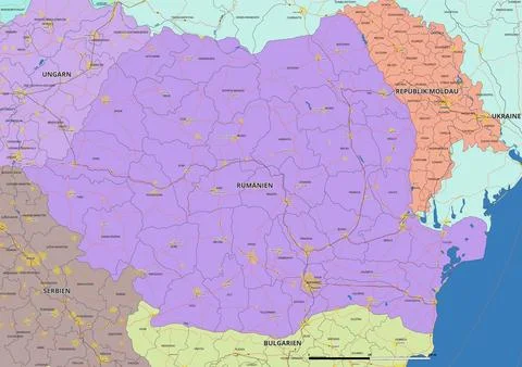 Detailed editable vector map of Romania on German language Stock Illustration