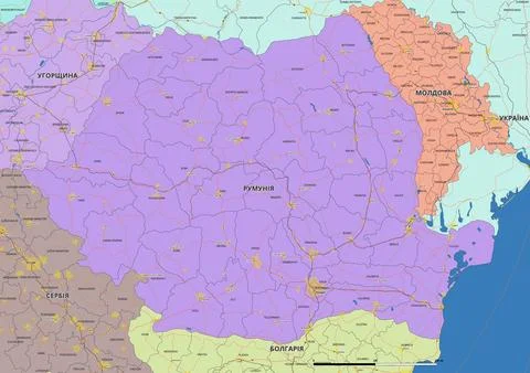 Detailed editable vector map of Romania on Ukrainian language Stock Illustration