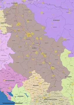 Detailed editable vector map of Serbia on English language Stock Illustration