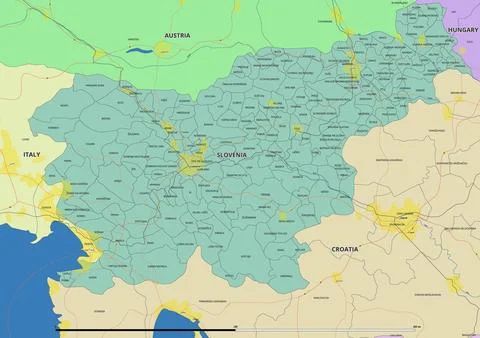 Detailed editable vector map of Slovenia on English language Stock Illustration