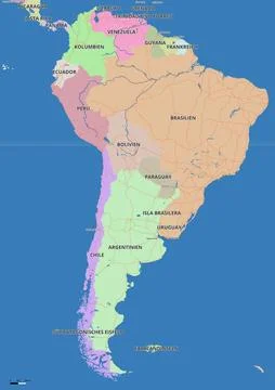 Detailed editable vector map of South America on German language Stock Illustration