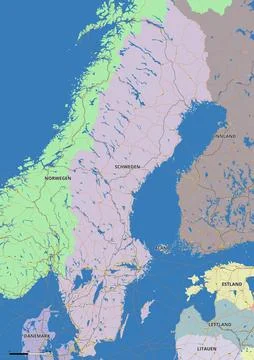 Detailed editable vector map of Sweden on German language Stock Illustration