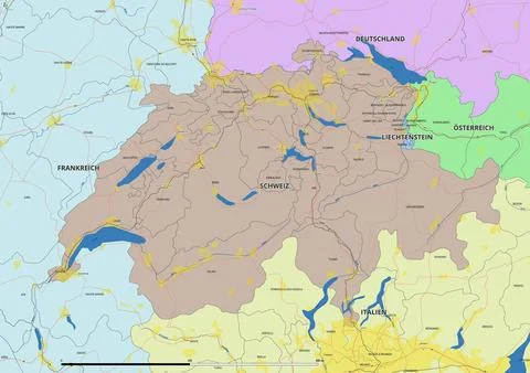 Detailed editable vector map of Switzerland on German language Stock Illustration