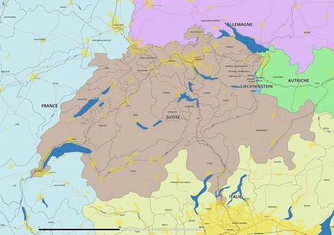 Detailed editable vector map of Switzerland on French language Stock Illustration