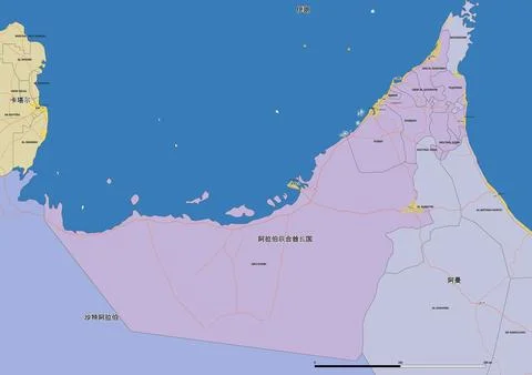 Detailed editable vector map of United Arab Emirates, UAE on Chinese language Stock Illustration