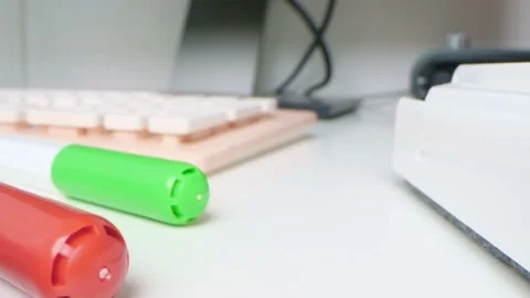 Detailed extreme close-up, multi-colored markers, computer keyboard and audio Stock-Footage 191938170