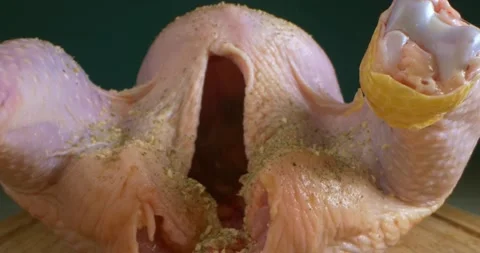 Detailed extremely close-up of raw chicken sprinkled with seasoning, inside and Stock-Footage 149217837