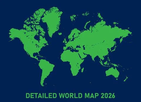 Detailed flat satelite hand drawn global green world map 2026. Earth continents Stock Illustration
