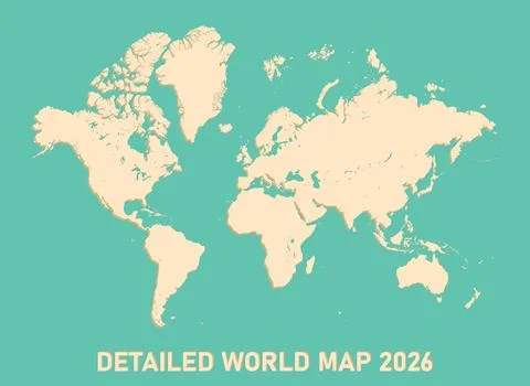Detailed flat satelite hand drawn global stylized world map 2026. Earth Stock Illustration