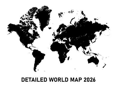 Detailed flat satelite hand drawn global black world map 2026. Earth continents Stock Illustration