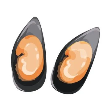 Detailed flat vector icon of two mussels in black shells. Delicious seafood Stock Illustration